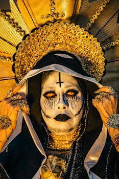 Striking portrait of a gothic nun with elaborate makeup and headpiece in warm yellow light.