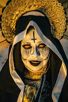 Dramatic horror makeup with intricate details on a monastic figure, capturing eerie expression.
