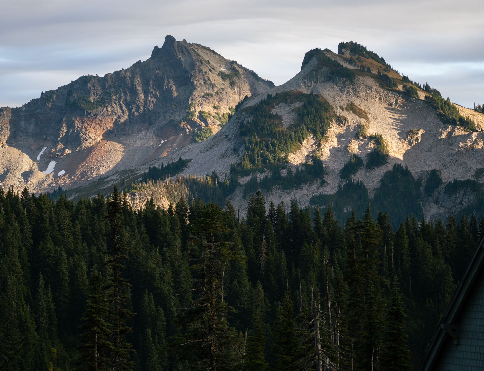 Breathtaking view of Mount Rainier with lush forests and rugged peaks during fall.