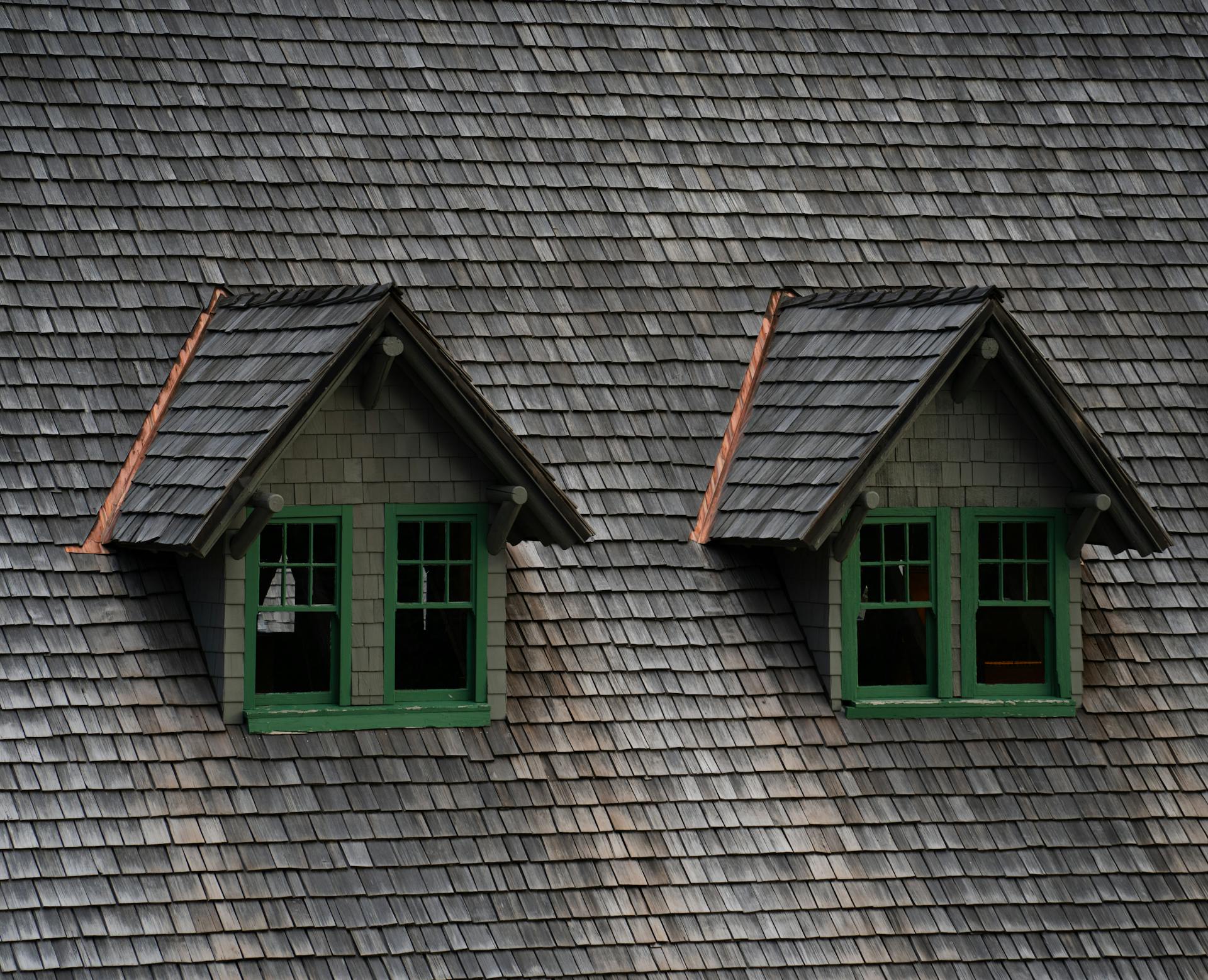 Close-up of historic roof windows in Washington State, showcasing parkitecture style.