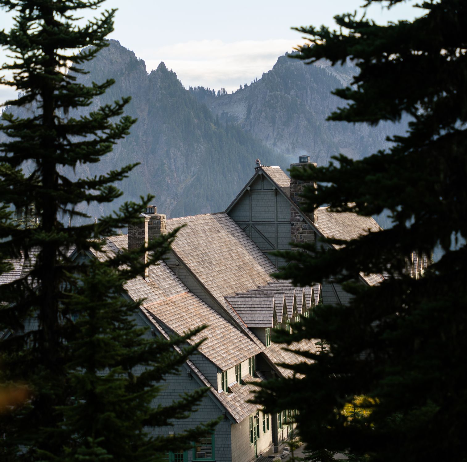 A scenic view of a historic lodge surrounded by trees in Mount Rainier National Park.