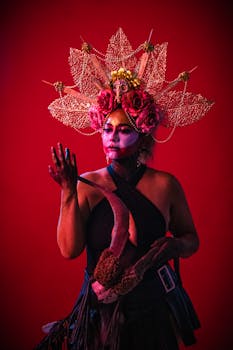 Vibrant artistic portrait of a woman wearing intricate makeup and headdress in Mexico City.