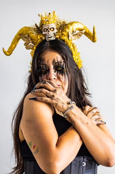 Striking portrait of a woman with artistic horror makeup and golden horns.