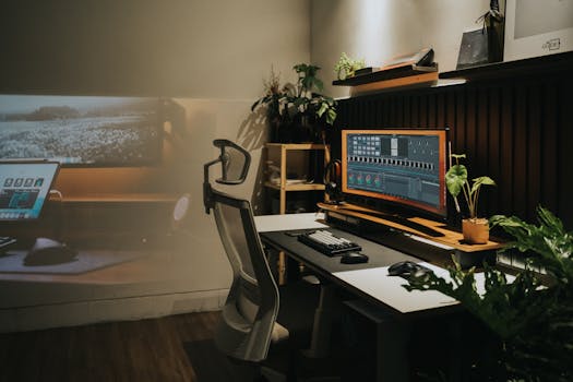 A stylish home office with a curved monitor, ergonomic chair, and plants, reflecting a cozy workspace design.