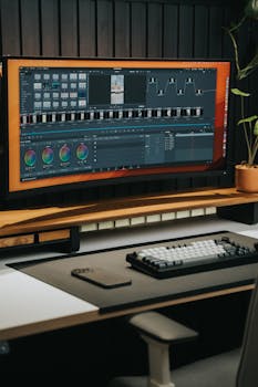 Sleek home office desk with ultrawide monitor for video editing, keyboard, and smartphone.