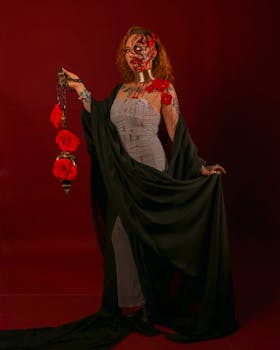 Surreal portrait of a woman holding roses in a dramatic, artistic setting.