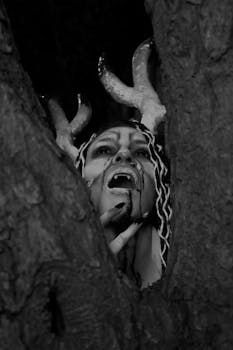 A dramatic black and white portrait of a mythical creature with horns emerging between trees, conveying an eerie atmosphere.