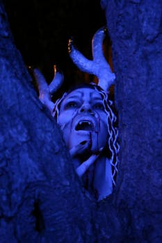 A mysterious figure with horns peeks through trees, lit by eerie blue light.