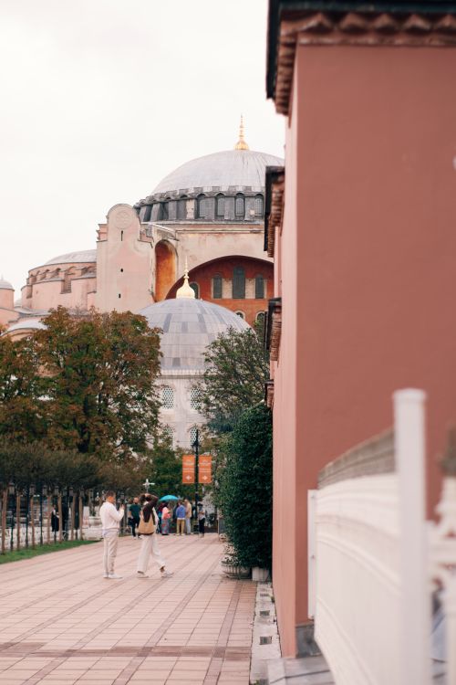 Free Tourists walking near the historic Hagia Sophia in Istanbul, Turkey. Stock Photo