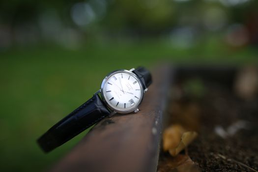 Elegant Wristwatch on Wooden Surface Outdoors