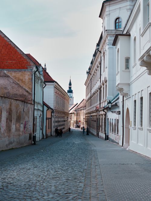 Free Quaint cobblestone street lined with historic European architecture under a clear sky. Stock Photo