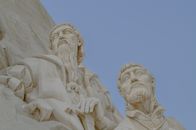 Detailed view of explorers' statues at Monument to the Discoveries in Lisbon.