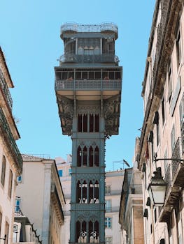 Iconic Santa Justa Lift in Lisbon under clear blue sky.