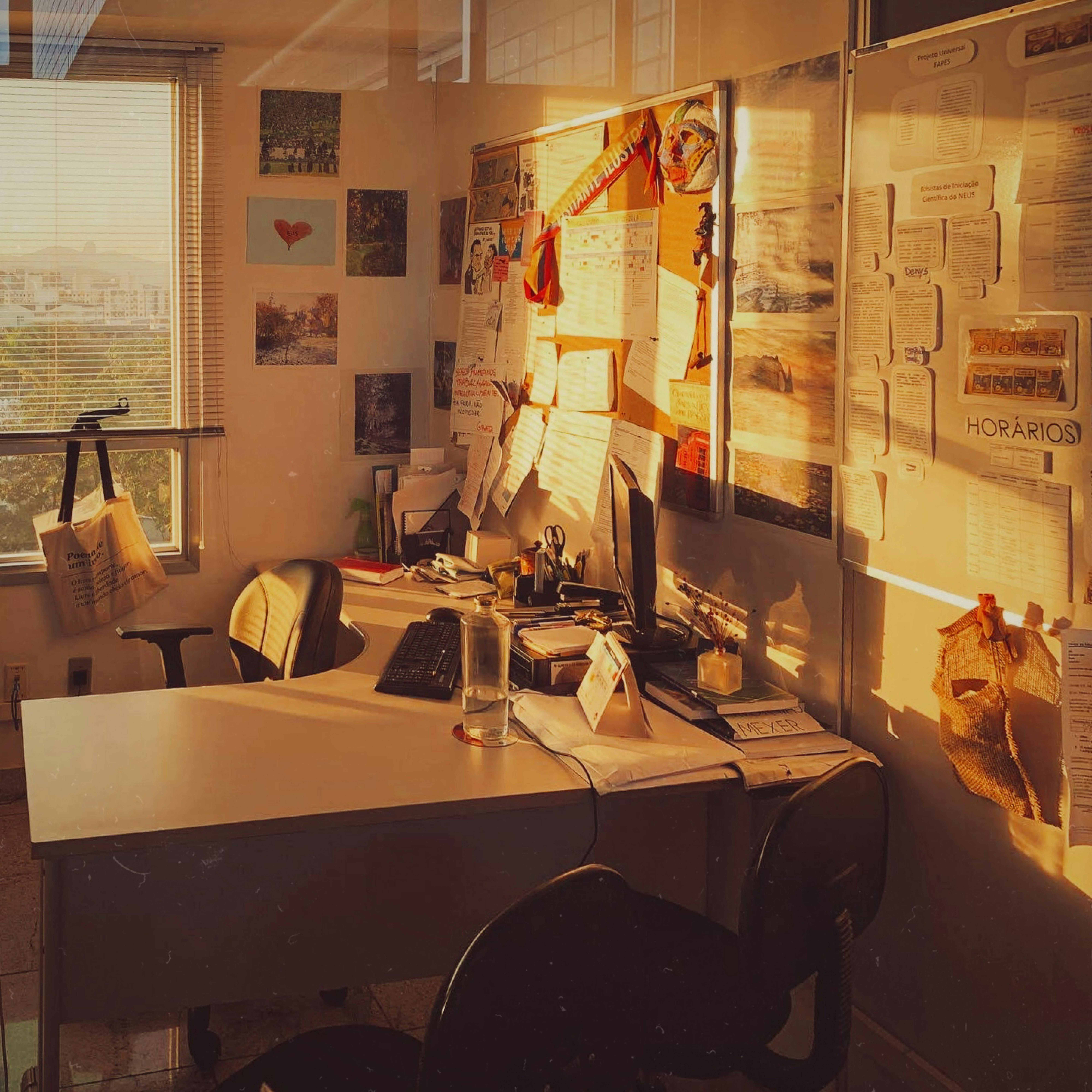 Contemporary office with desk and bulletin board in warm sunset lighting.
