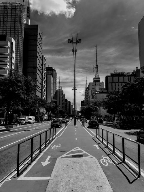 Free Black and white photograph of Avenida Paulista with skyscrapers and bicycle path in São Paulo, Brazil. Stock Photo