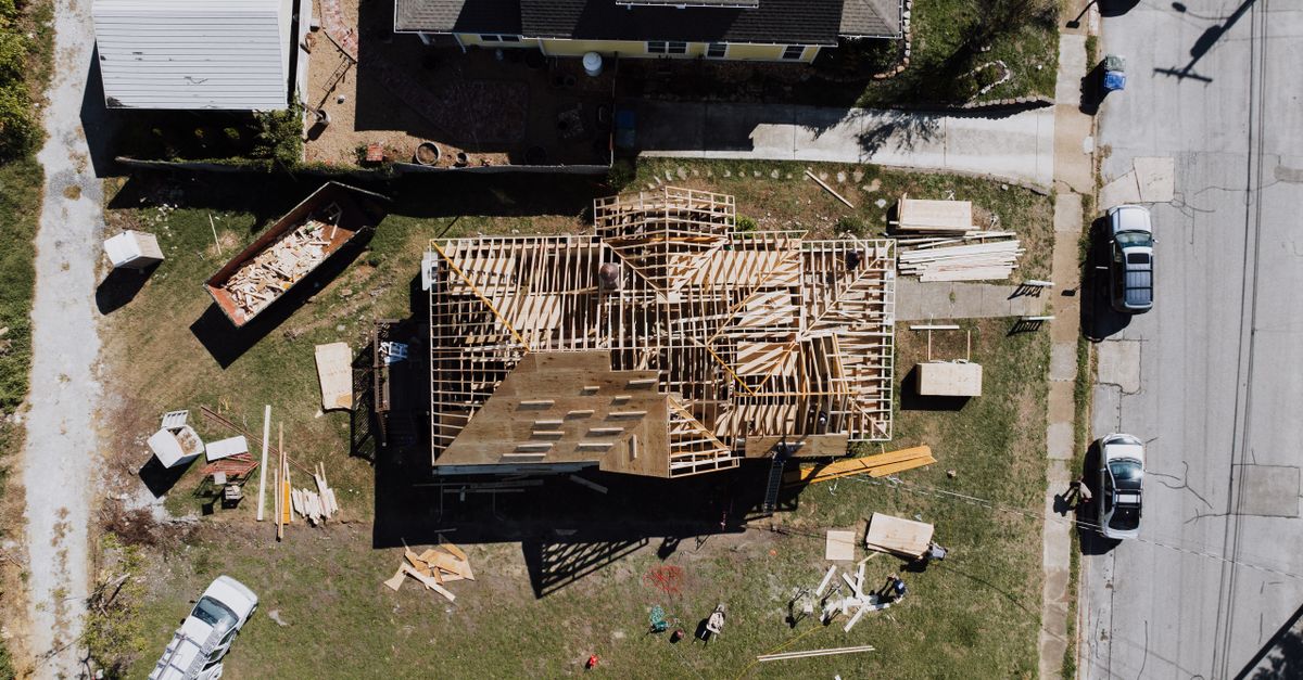 Aerial view of a house under construction in Chattanooga, showcasing the building process.