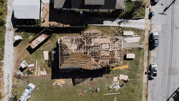 Aerial view of a house under construction in Chattanooga, showcasing the building process.