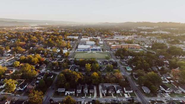 Explore the scenic aerial view of suburban Chattanooga, Tennessee, highlighting residential areas and greenery.