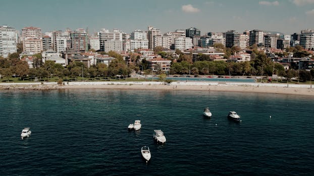 A stunning aerial view of İstanbul's waterfront, showcasing boats, green spaces, and a vibrant urban skyline.