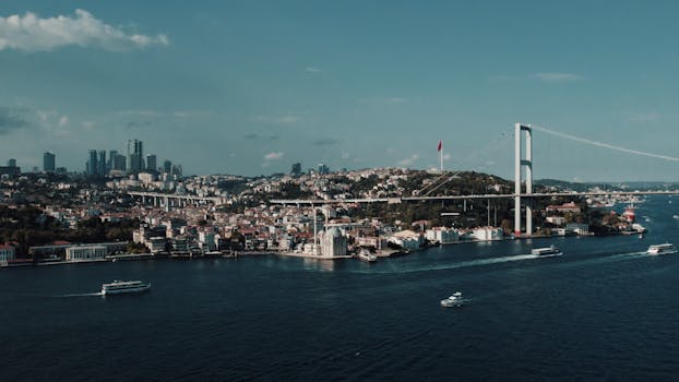 A stunning aerial view of the Bosphorus Bridge connecting Europe and Asia in Istanbul, Turkey.