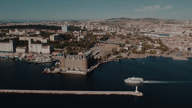 Aerial view of Haydarpaşa railway station and Kadıköy district in Istanbul, Türkiye.