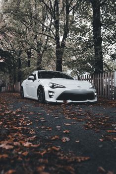 White sports car parked on a leaf-covered road in an autumn setting. Moody and stylish.