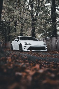 White sports car parked on leaf-covered road in an autumn forest. Captivating seasonal scene.