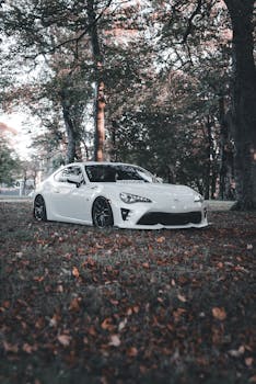 A stylish white sports car parked among autumn leaves in a tranquil forest setting.
