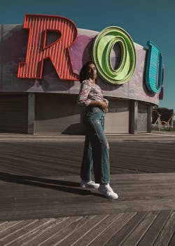 Stylish woman poses on Coney Island boardwalk with vibrant signage on a sunny day.