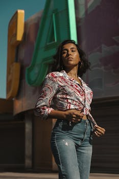 在纽约市的标志前，自信的女人在夏天时尚地摆姿势