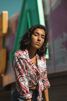 一位女性在纽约市街头，以多彩的城市为背景，自信地摆出时尚姿态