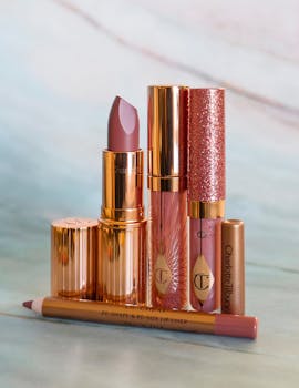 Elegant arrangement of luxury lip products with reflective gold packaging.