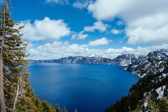 The intensely blue water of Crater Lake from the caldera rim