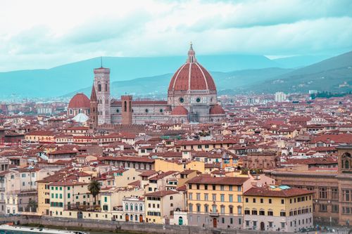 Free Stunning aerial view of Florence with Il Duomo dominating the skyline in Tuscany, Italy. Stock Photo