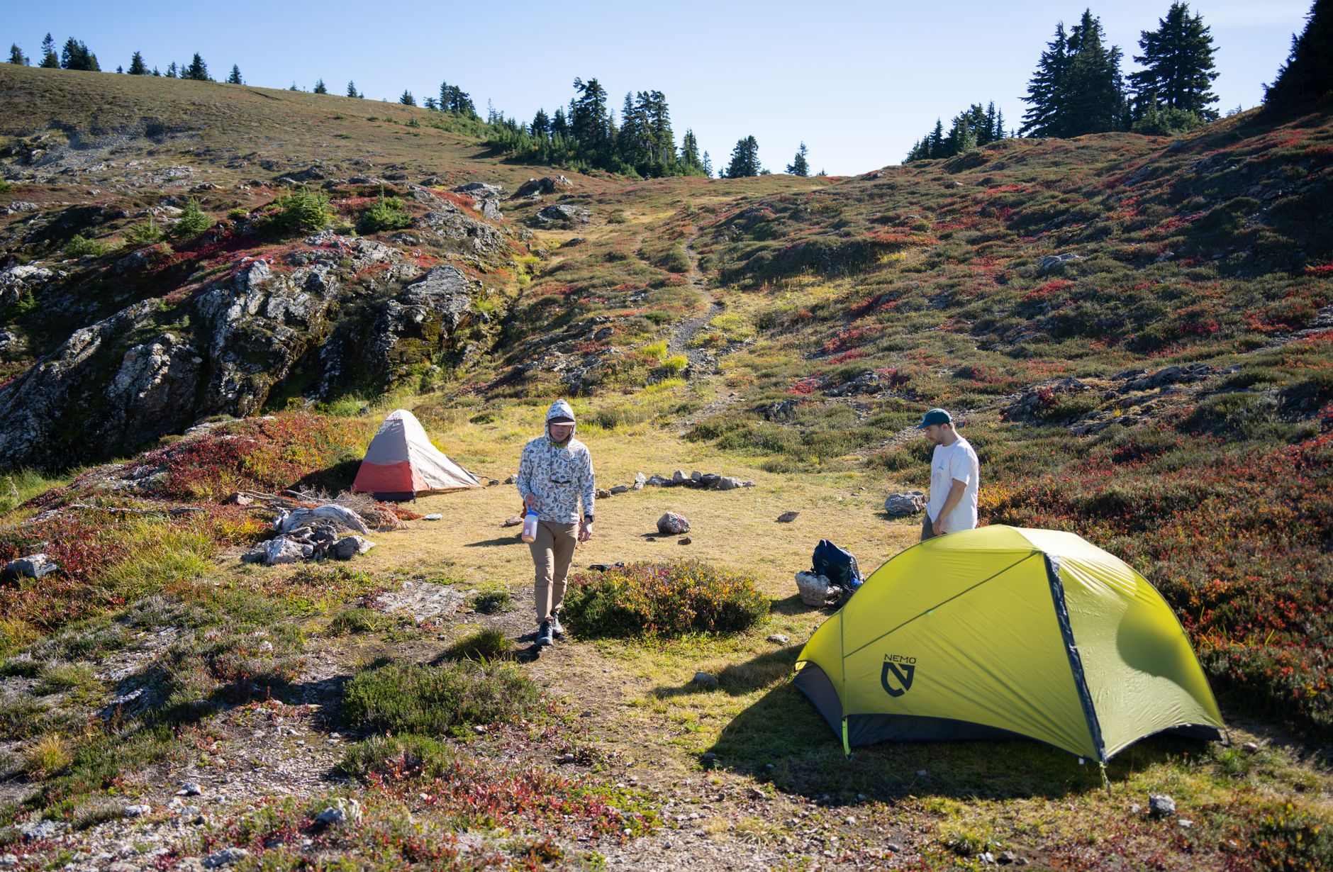 Autumn camping in the wilderness with backpacking gear
