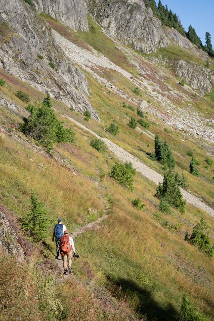 Two hikers traverse a scenic mountain trail near Darrington, Washington, surrounded by lush greenery.