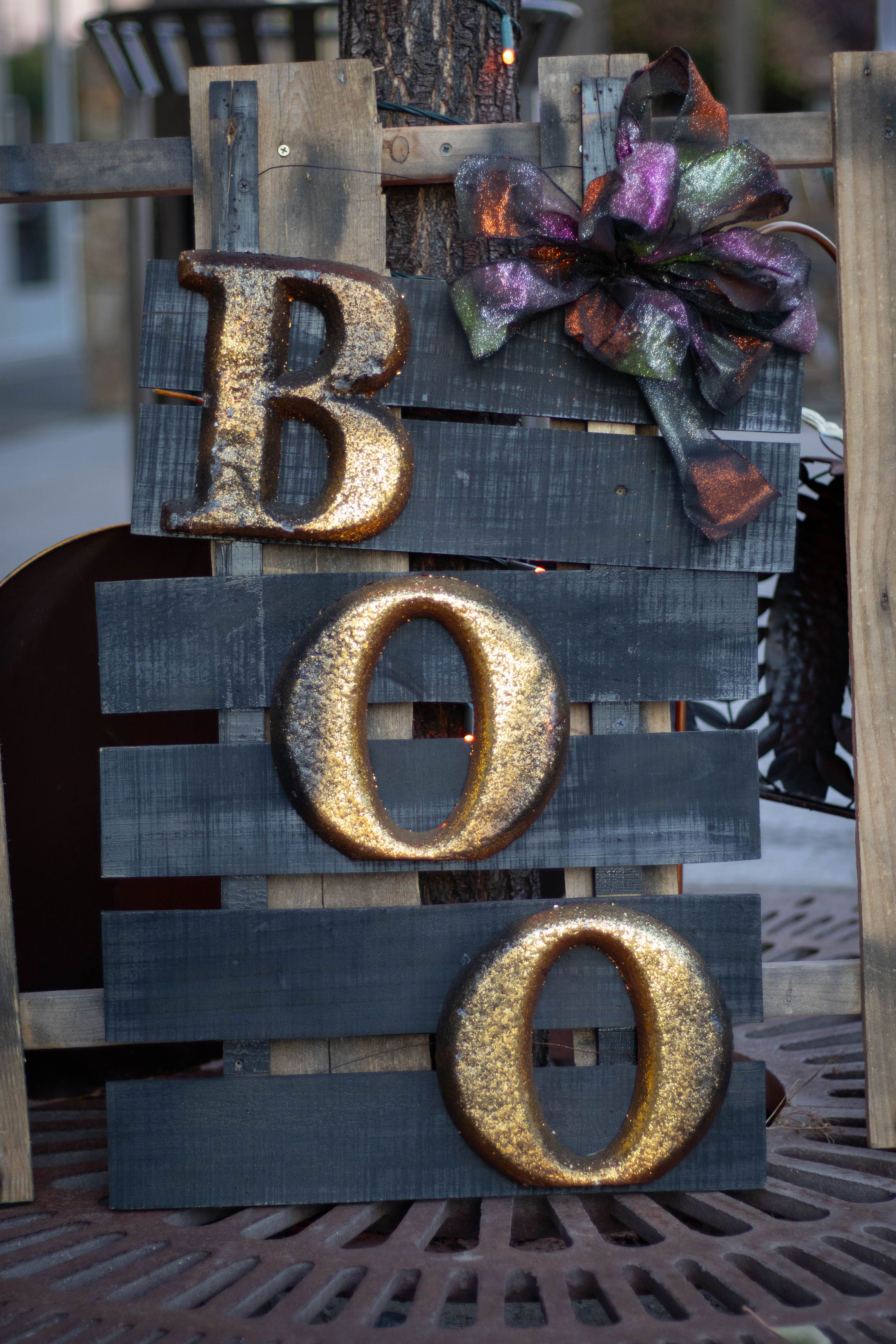 Festive Halloween Wooden Boo Sign with Ribbon · Free Stock Photo