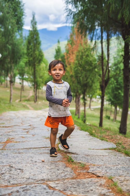 Free A cheerful child strolling on a stone path amid lush green trees in a park. Stock Photo