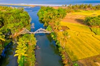 这张印度尼西亚西爪哇省的鸟瞰图令人惊叹，展现了稻田与河流交织的充满活力的景观