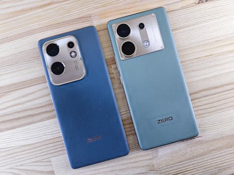 Two sleek smartphones displayed on a wooden table, showcasing modern design and dual lenses.