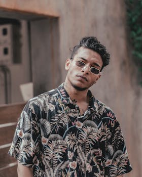一位时尚男士身着花卉衬衫，戴着墨镜，尽显现代休闲风尚
