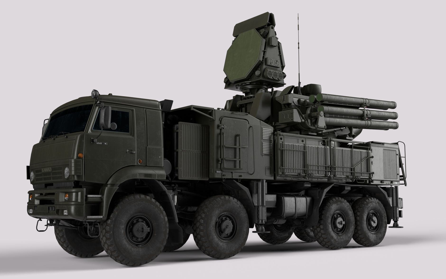 A military anti-aircraft vehicle representing the air-defense systems Russia must disperse to shield depots, refineries and rear-area routes