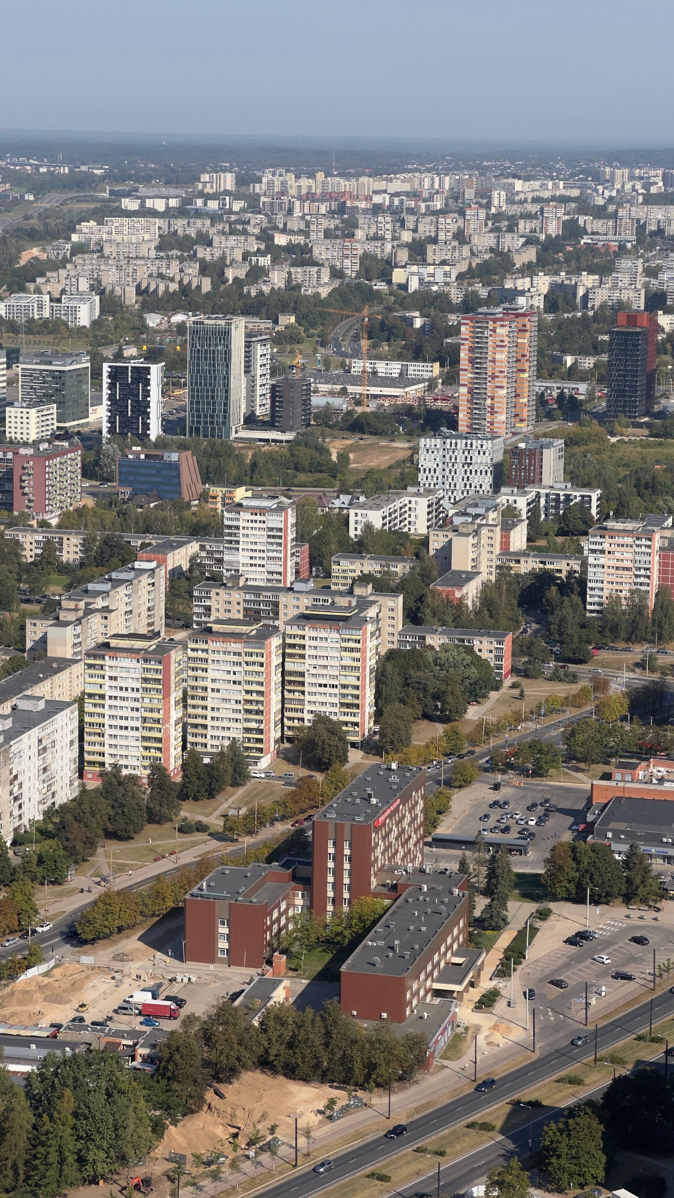 High angle view of a sprawling urban residential and commercial district.