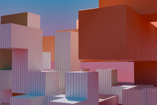 Modern abstract architecture with geometric block shapes and vibrant sunset hues.