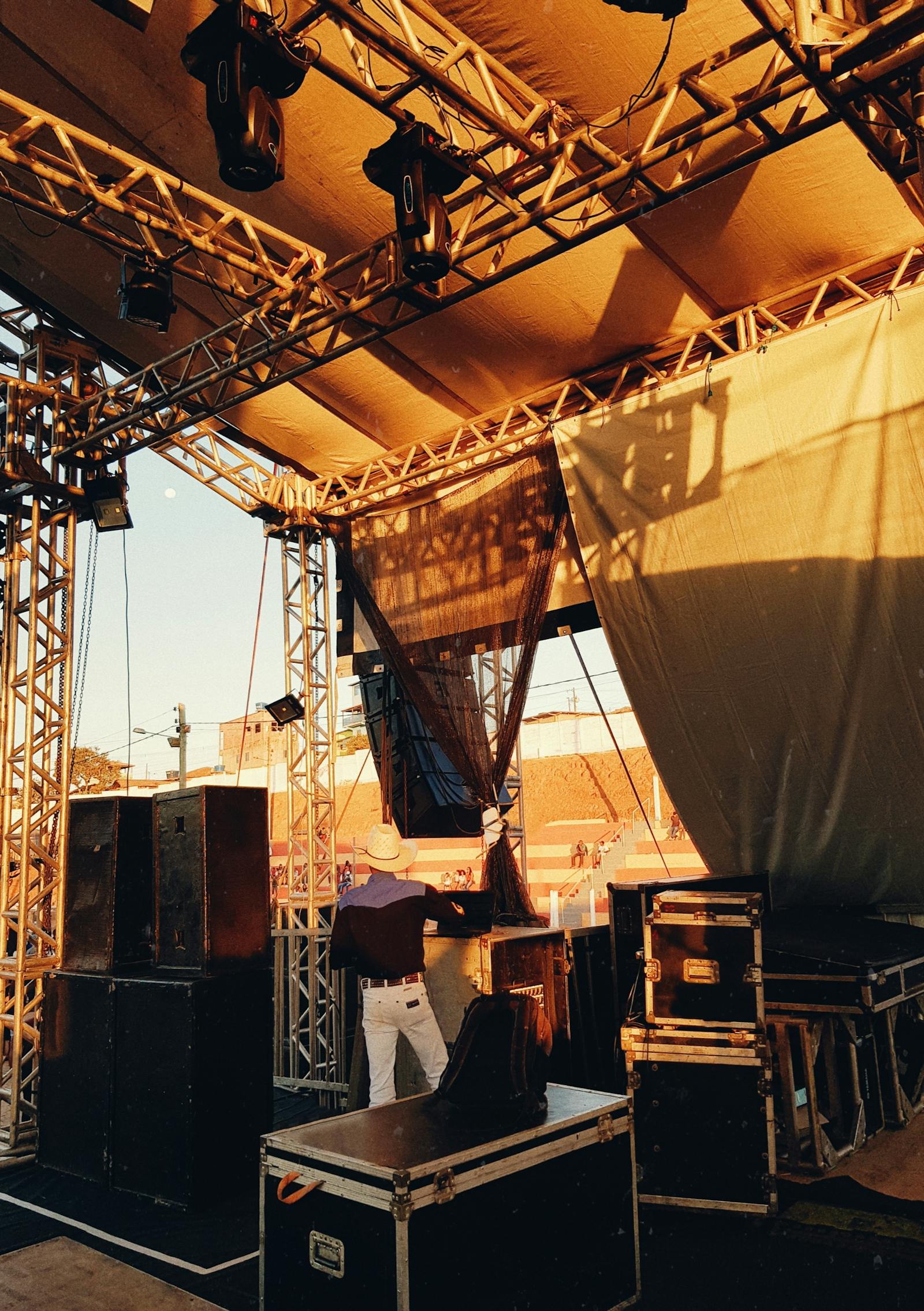 Aluminum stage truss structure with fixtures and rigging