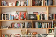 舒适的环境中，木制书架上摆满了各种书籍和装饰