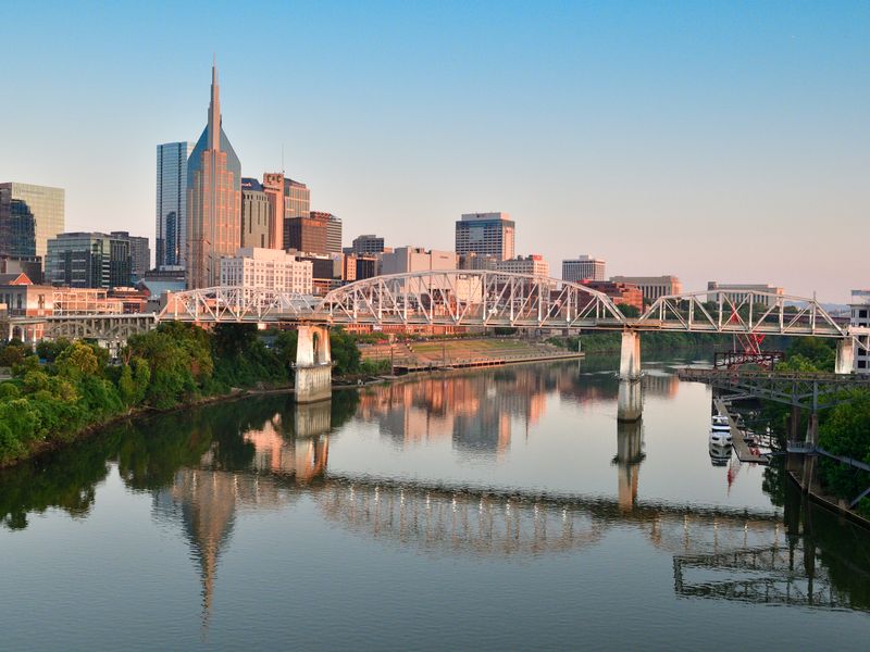 Nashville skyline and pedestrian bridge reflected in the Cumberland River at sunset