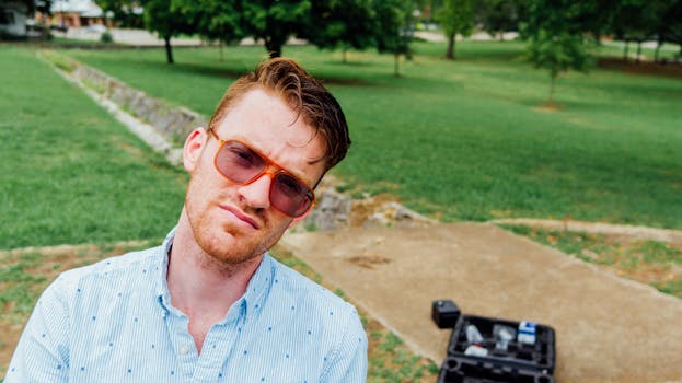 一名男子戴着太阳镜，若有所思地站在绿色的公园里