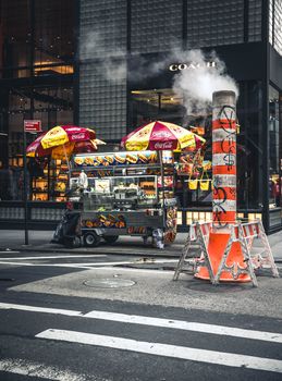 Street food cart near steam vent in New York City, urban atmosphere.