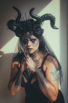 A captivating dark-themed portrait featuring gothic makeup and elaborate horned headpiece.